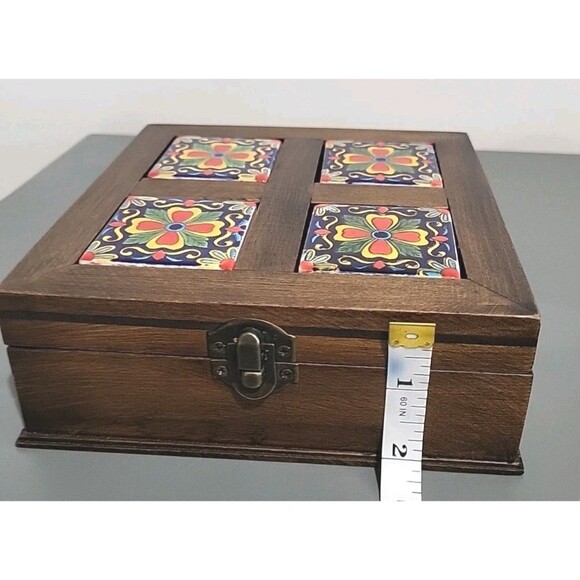 Ceramic Tile Top Wood Storage Trinket Jewelry Decor Rustic Box Mexico 6.5"x6.5" - Picture 5 of 9